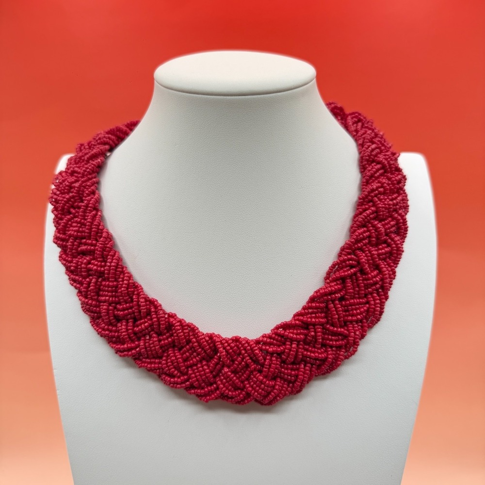 Red Seed Bead Braided Multi Strand Statement Bib Collar Necklace Boho Chunky
